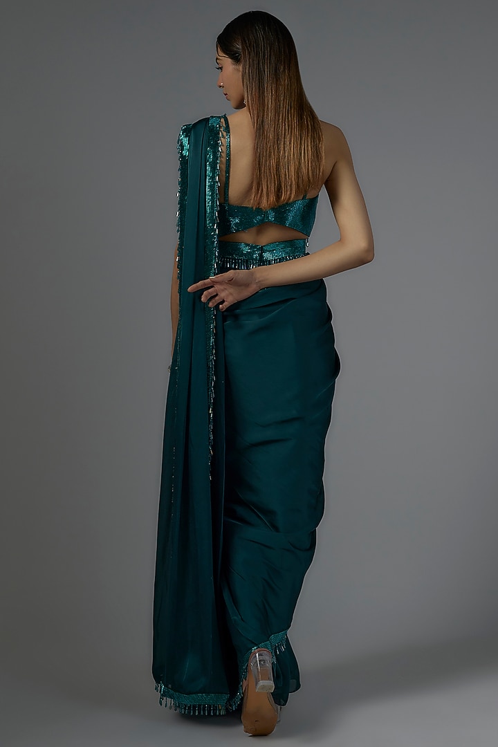 Teal Green Satin & Raw Silk Embroidered Reception Saree Set by Kresha Lulla at Pernia's Pop Up Shop