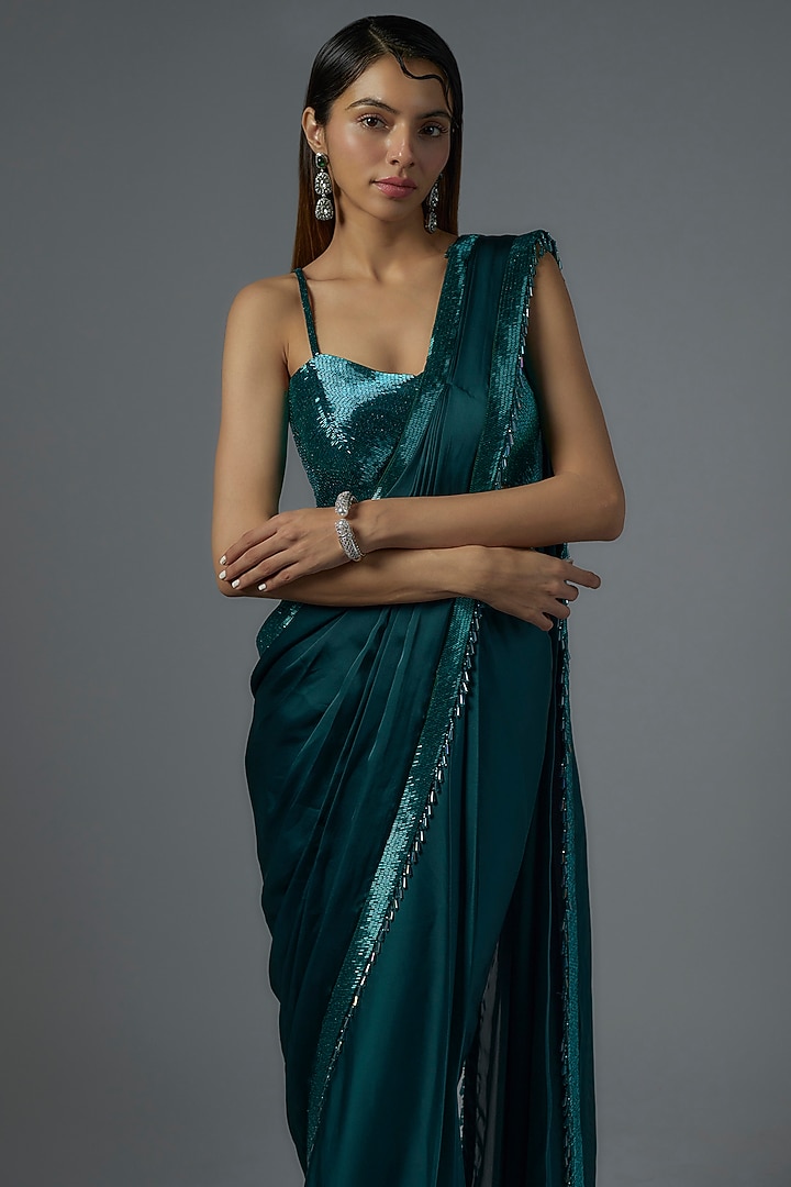 Teal Green Satin & Raw Silk Embroidered Reception Saree Set by Kresha Lulla at Pernia's Pop Up Shop