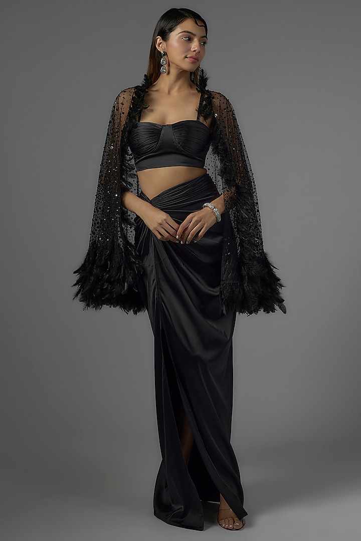 Black Satin & Raw Silk Skirt Set by Kresha Lulla