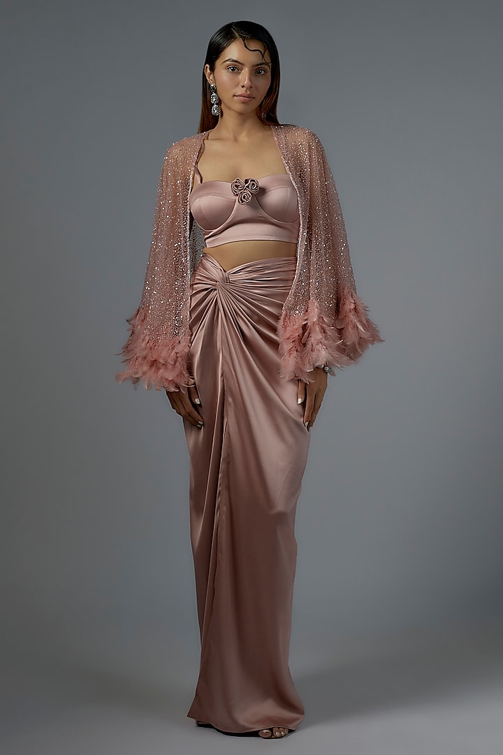 Dusty Rose Pink Satin & Raw Silk Skirt Set by Kresha Lulla