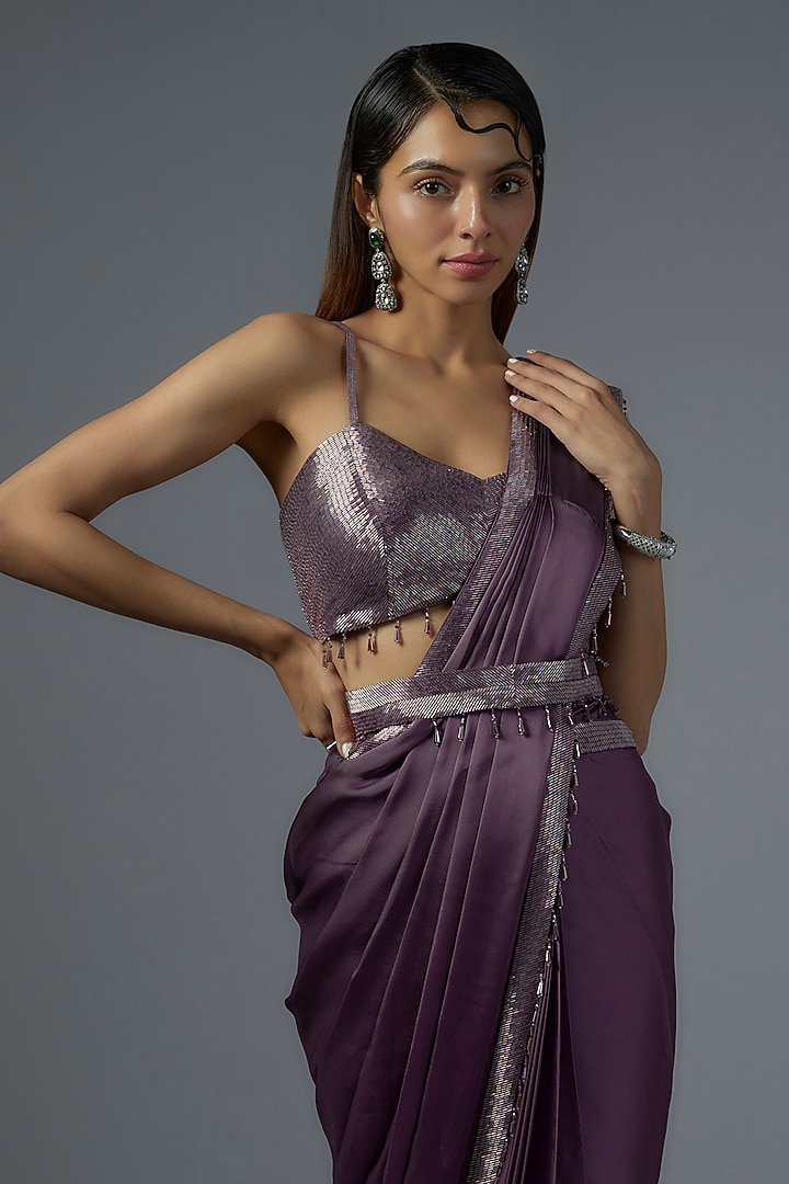 Mauve Satin & Raw Silk Embroidered Reception Saree Set by Kresha Lulla at Pernia's Pop Up Shop