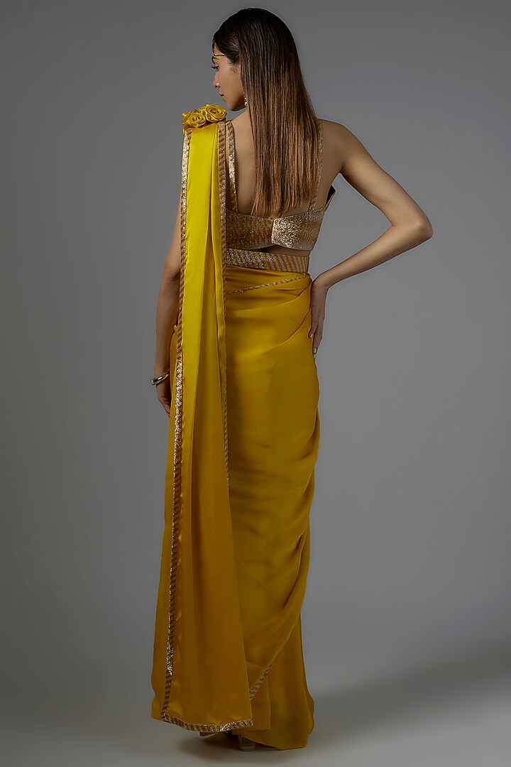Gold & Mustard Rose Satin Embroidered Reception Saree Set by Kresha Lulla at Pernia's Pop Up Shop