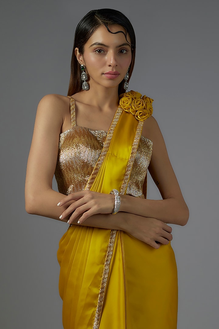Gold & Mustard Rose Satin Embroidered Reception Saree Set by Kresha Lulla at Pernia's Pop Up Shop