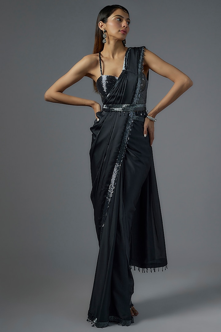 Charcoal Grey Satin & Raw Silk Embroidered Saree Set by Kresha Lulla at Pernia's Pop Up Shop