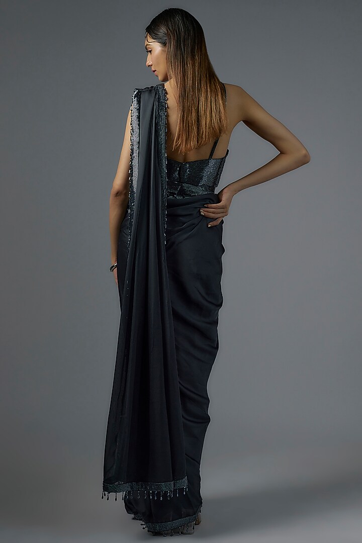 Charcoal Grey Satin & Raw Silk Embroidered Reception Saree Set by Kresha Lulla at Pernia's Pop Up Shop