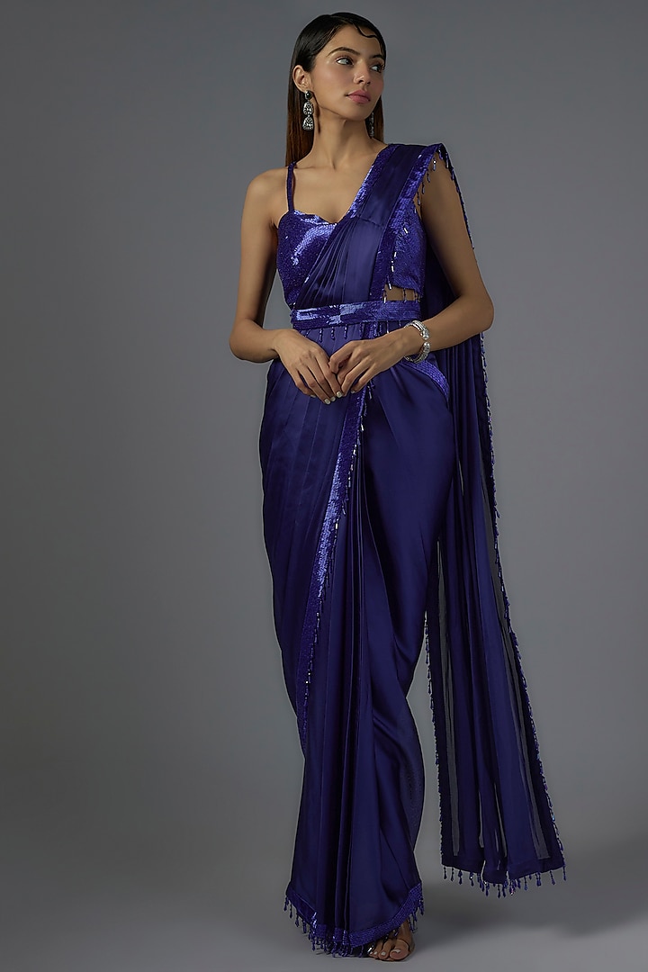 Royal Blue Satin & Raw Silk Embroidered Saree Set by Kresha Lulla at Pernia's Pop Up Shop