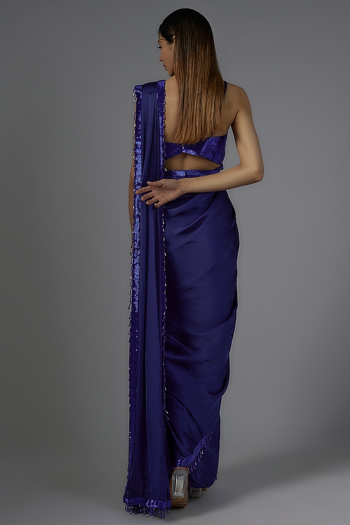 Royal Blue Satin & Raw Silk Embroidered Reception Saree Set by Kresha Lulla at Pernia's Pop Up Shop