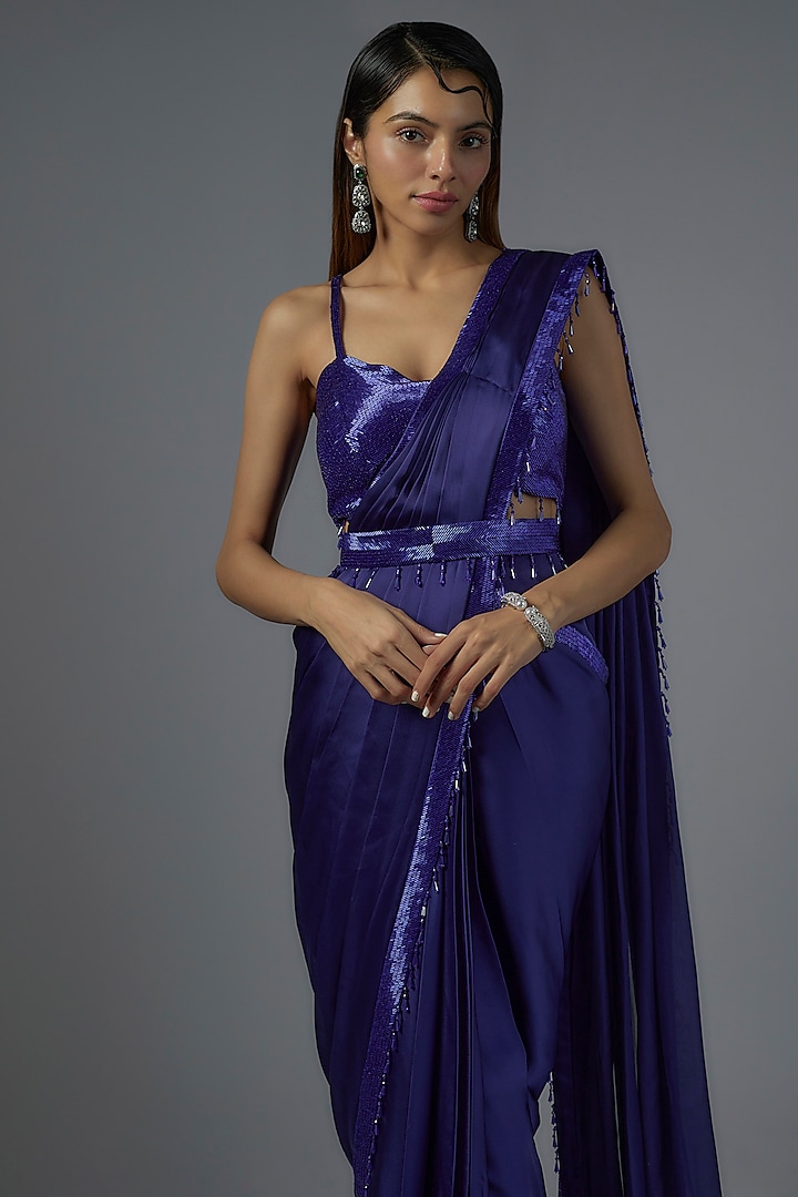 Royal Blue Satin & Raw Silk Embroidered Reception Saree Set by Kresha Lulla at Pernia's Pop Up Shop