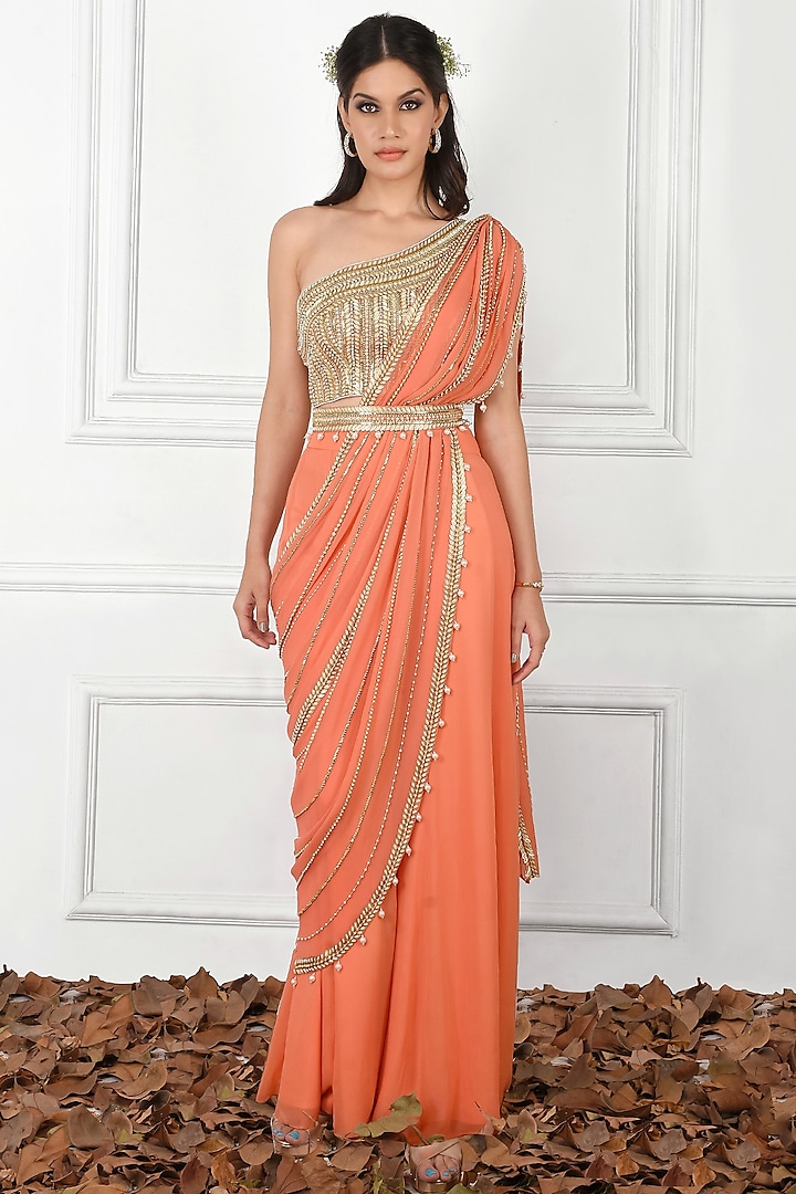 Orange Embroidered Pre Stitched Wedding Saree Set by Kresha Lulla at Pernia's Pop Up Shop