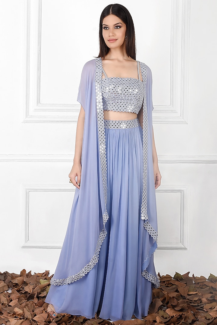 Blue Pleated Skirt Set by Kresha Lulla