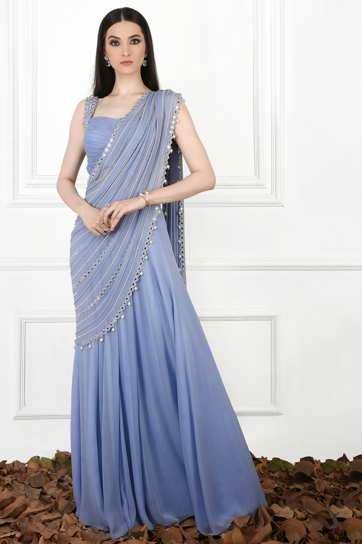 Blue Sequins Lehenga Wedding Saree Set by Kresha Lulla at Pernia's Pop Up Shop
