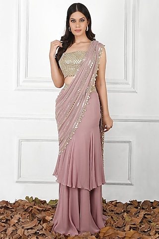 Mauve Georgette Mirror & Sequins Embroidered Ruffled Lehenga Saree Set by Kresha Lulla