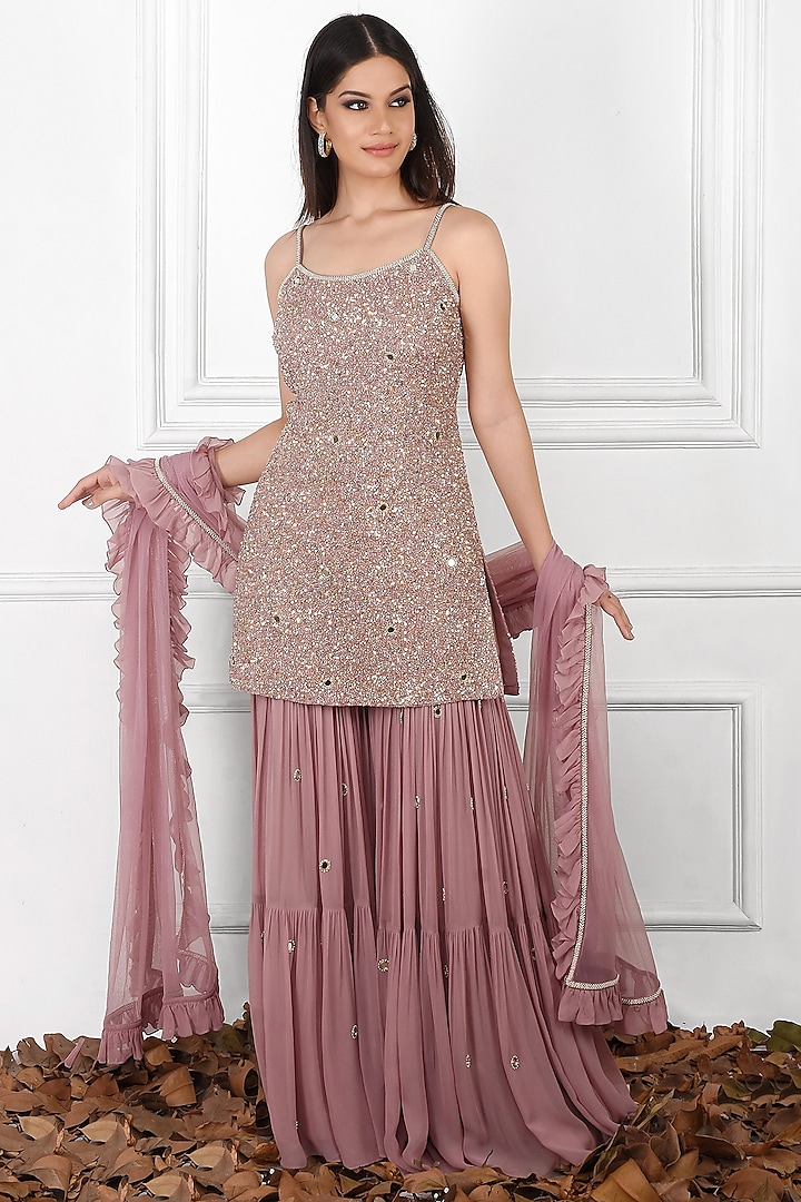 Mauve Embroidered Sharara Set by Kresha Lulla