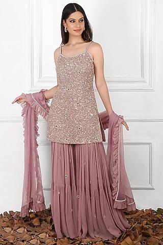Mauve Embroidered Sharara Set by Kresha Lulla