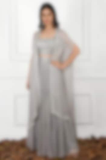 Grey Layered Skirt Set With Jacket by Kresha Lulla