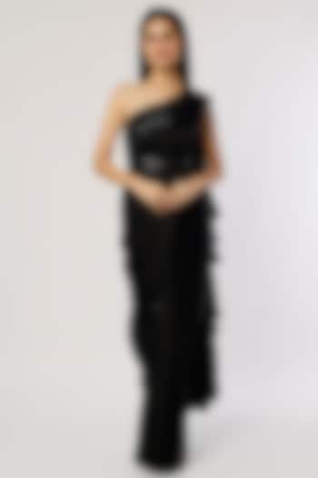 Black Satin Ruffled One-Shoulder Saree Set by Kresha Lulla