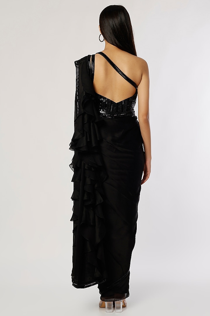 Black Satin Ruffled One-Shoulder Wedding Saree Set by Kresha Lulla at Pernia's Pop Up Shop