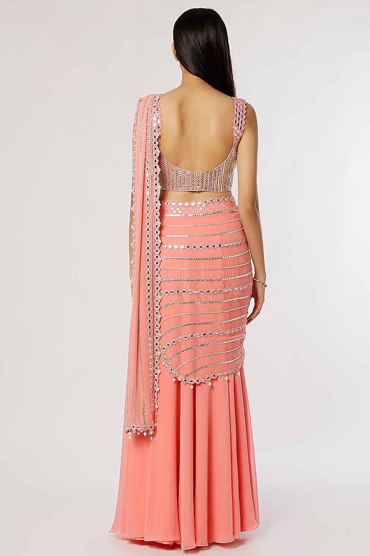 Bubblegum Pink Georgette Pre-Stitched Wedding Saree Set by Kresha Lulla at Pernia's Pop Up Shop