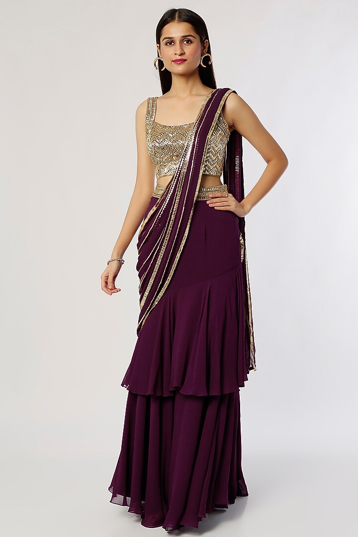 Dark Purple Satin Embroidered Tiered Wedding Saree Set by Kresha Lulla at Pernia's Pop Up Shop