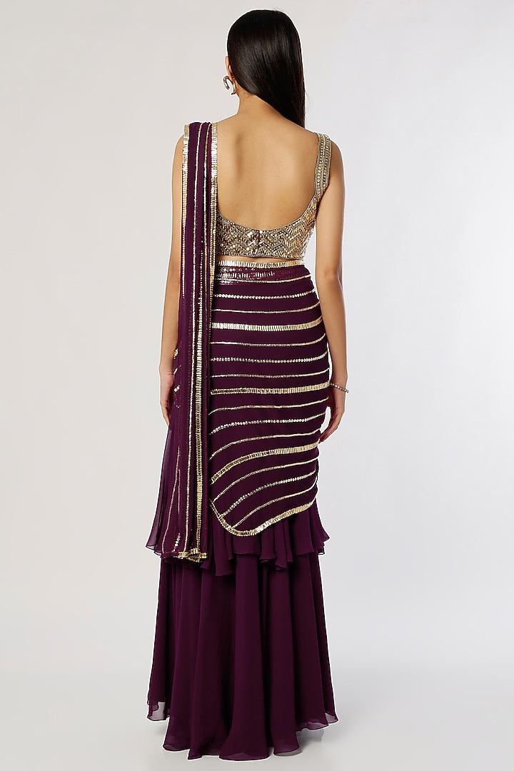 Dark Purple Satin Embroidered Tiered Wedding Saree Set by Kresha Lulla at Pernia's Pop Up Shop