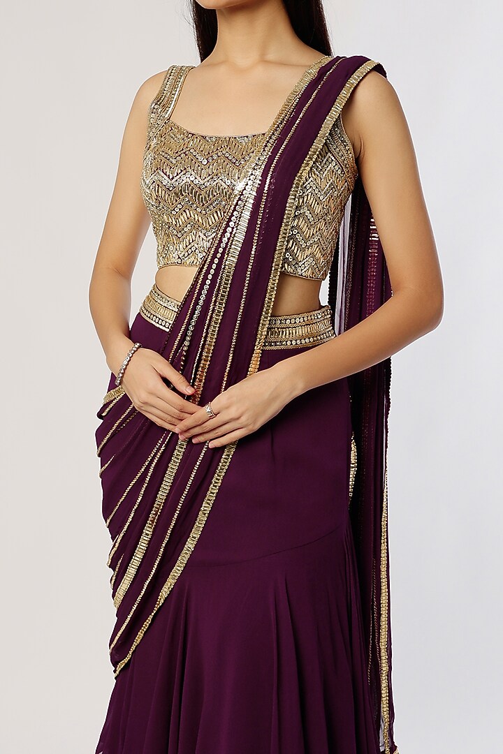 Dark Purple Satin Embroidered Tiered Wedding Saree Set by Kresha Lulla at Pernia's Pop Up Shop