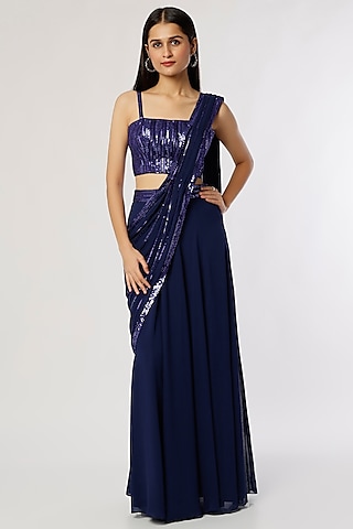 Blue Georgette Pre-Stitched Saree Set by Kresha Lulla