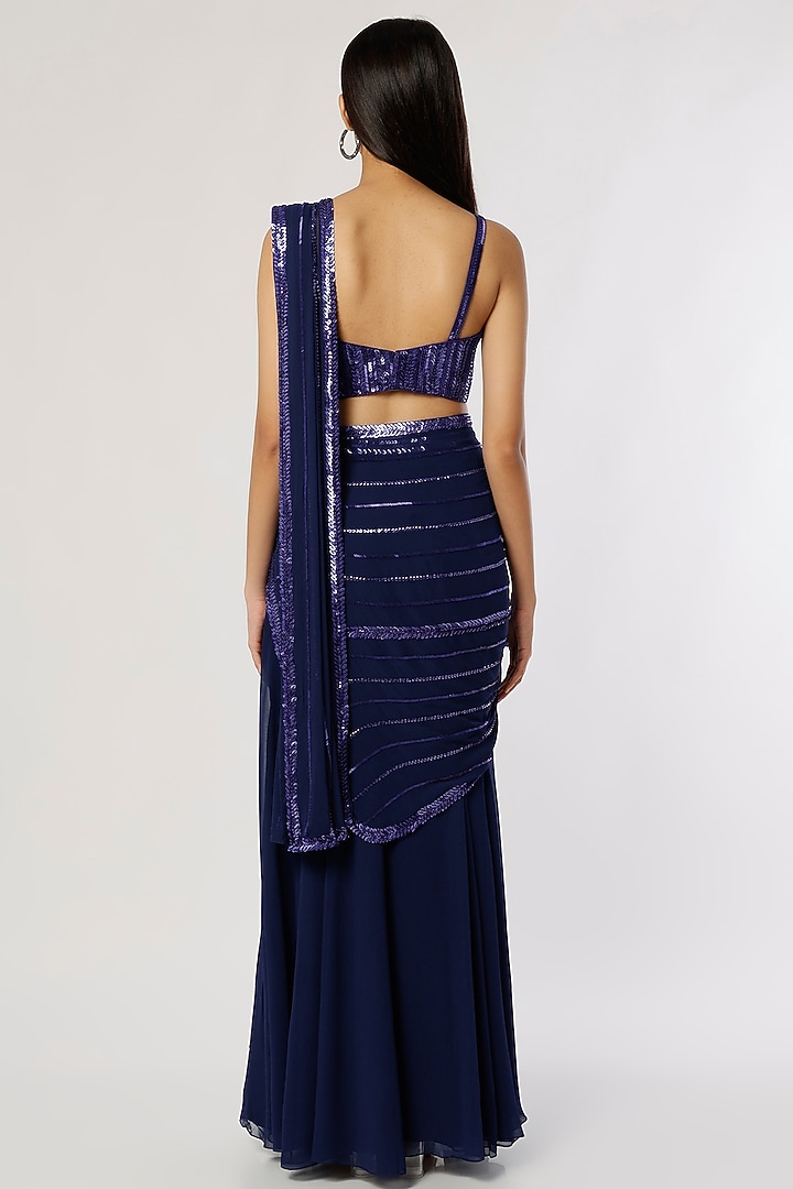 Blue Georgette Pre-Stitched Wedding Saree Set by Kresha Lulla at Pernia's Pop Up Shop