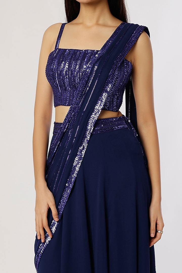 Blue Georgette Pre-Stitched Wedding Saree Set by Kresha Lulla at Pernia's Pop Up Shop
