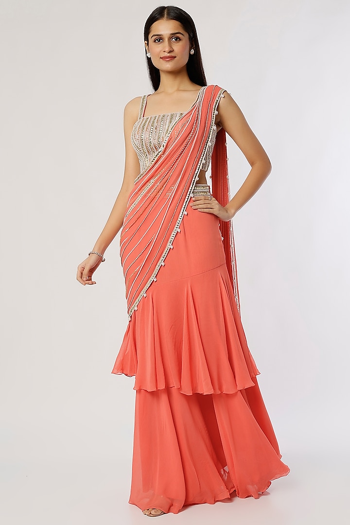 Coral Georgette & Raw Silk Sequins Embroidered Pre-Stitched Tiered Wedding Saree Set by Kresha Lulla at Pernia's Pop Up Shop