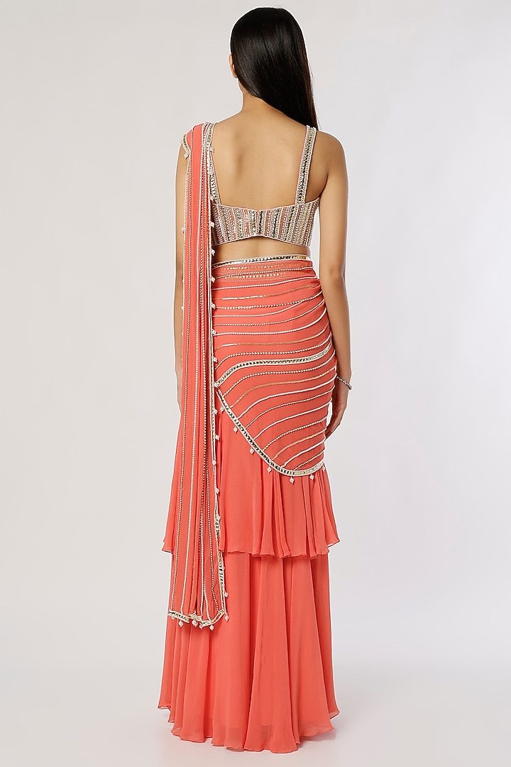 Coral Georgette & Raw Silk Sequins Embroidered Pre-Stitched Tiered Wedding Saree Set by Kresha Lulla at Pernia's Pop Up Shop