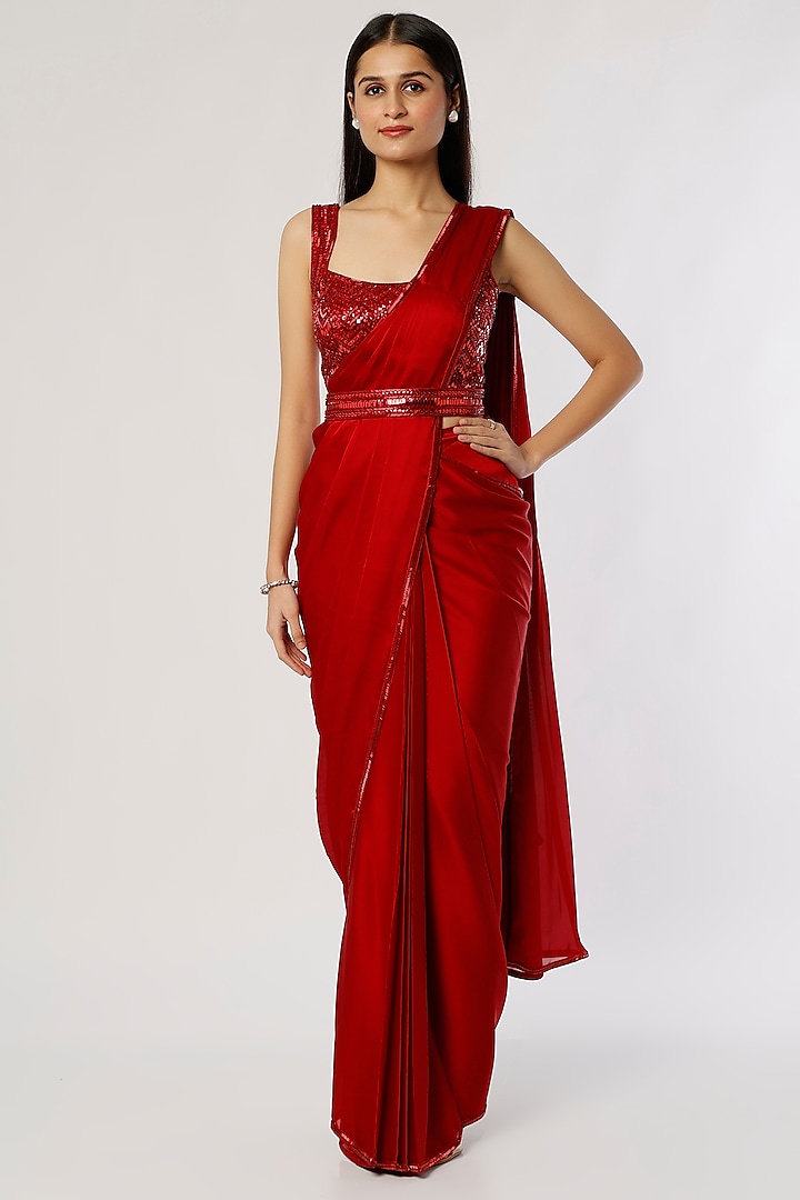 Red Satin Ruffled Saree Set by Kresha Lulla