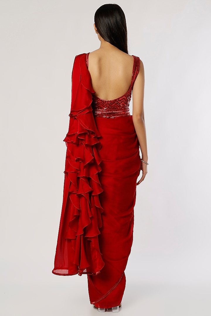 Red Satin Embroidered Ruffled Wedding Saree Set by Kresha Lulla at Pernia's Pop Up Shop