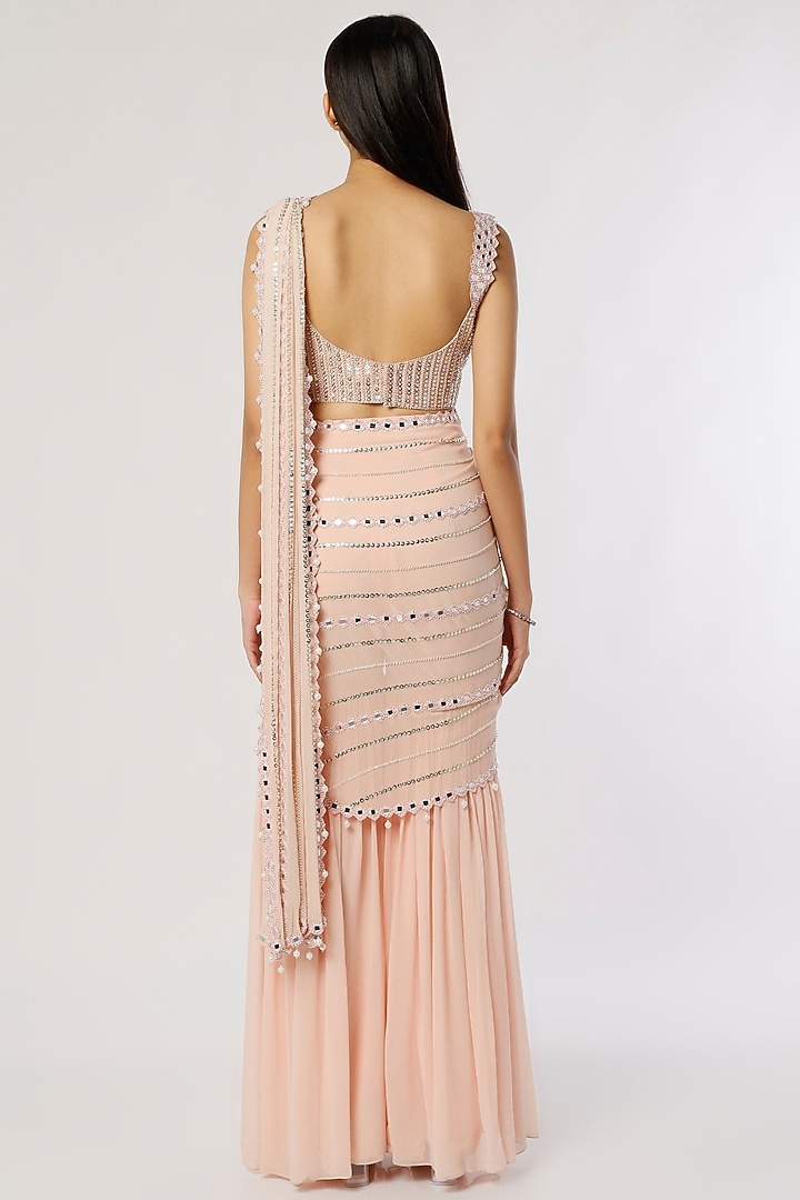 Peach Georgette Sharara Ruffled Wedding Saree Set by Kresha Lulla at Pernia's Pop Up Shop