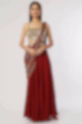 Maroon Georgette Pre-Stitched Saree Set by Kresha Lulla