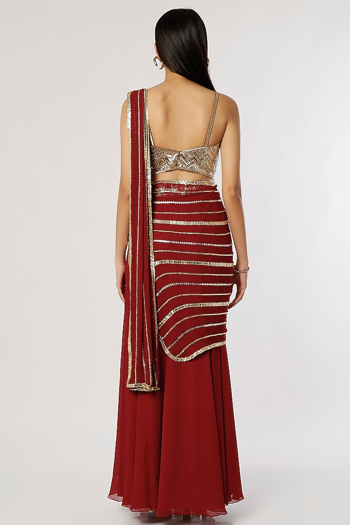 Maroon Georgette Pre-Stitched Wedding Saree Set by Kresha Lulla at Pernia's Pop Up Shop