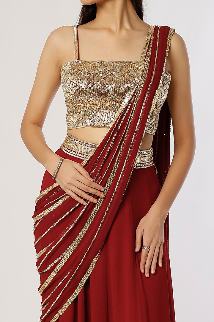 Maroon Georgette Pre-Stitched Wedding Saree Set by Kresha Lulla at Pernia's Pop Up Shop