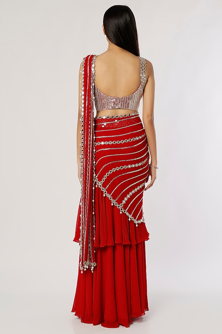 Red Georgette Pre-Stitched Wedding Saree Set by Kresha Lulla at Pernia's Pop Up Shop