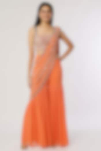 Orange Georgette Sharara Saree Set by Kresha Lulla