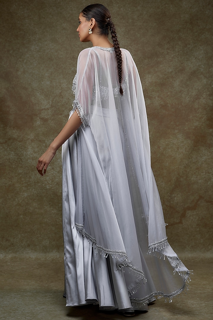 Greyish Silver Organza & Raw Silk Cape Set by Kresha Lulla at Pernia's Pop Up Shop