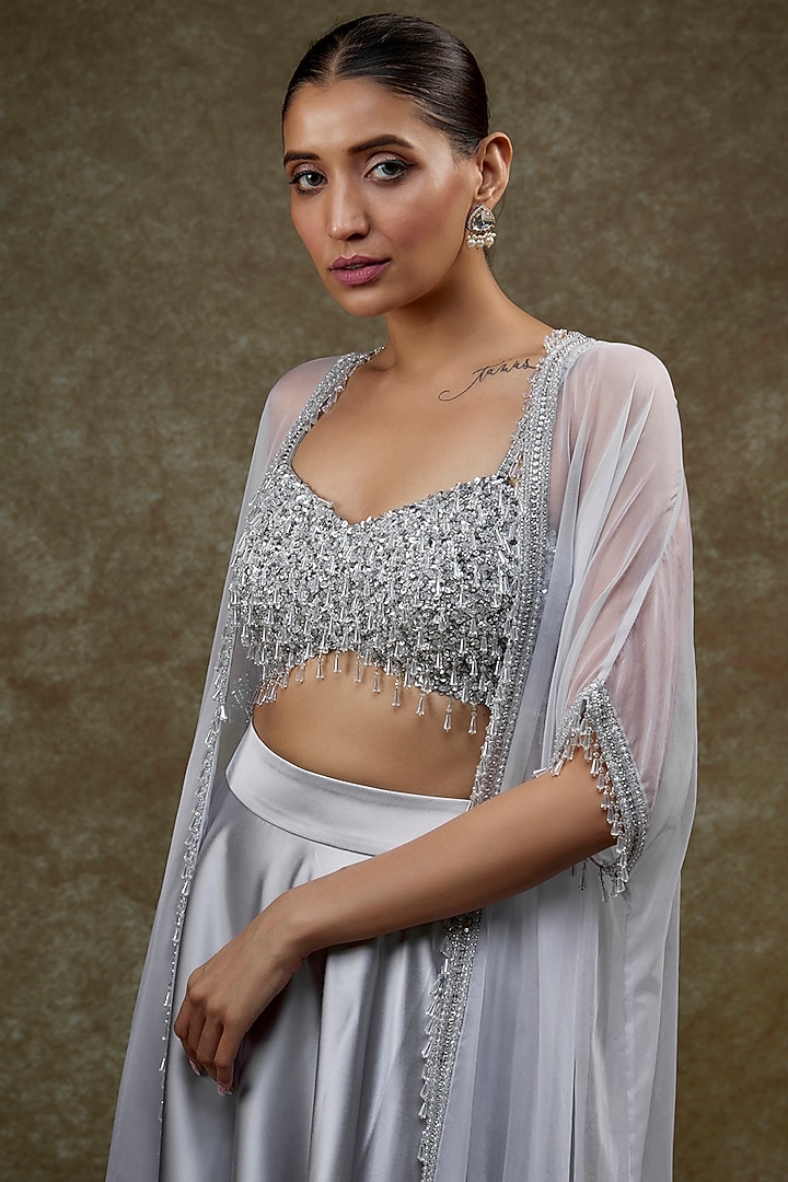 Greyish Silver Organza & Raw Silk Cape Set by Kresha Lulla at Pernia's Pop Up Shop