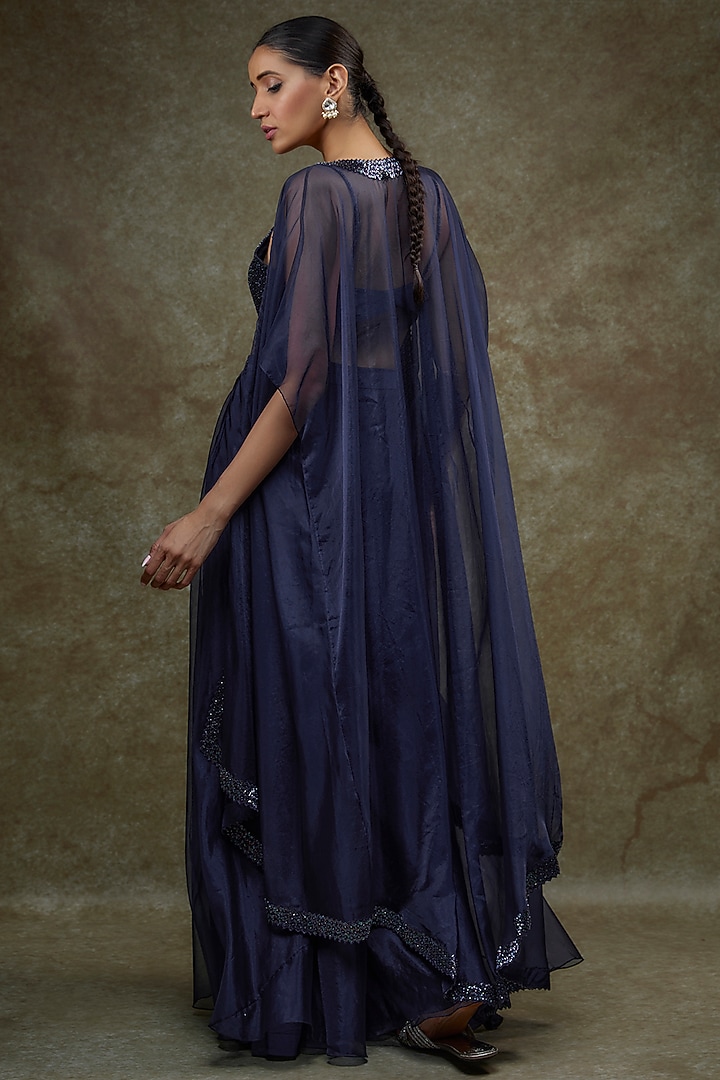 Navy Blue Organza & Raw Silk Cape Set by Kresha Lulla at Pernia's Pop Up Shop