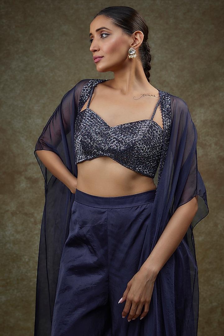 Navy Blue Organza & Raw Silk Cape Set by Kresha Lulla at Pernia's Pop Up Shop