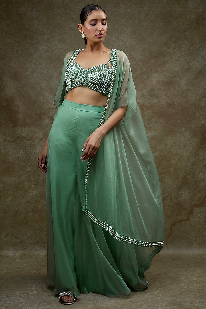 Sage Green Organza & Raw Silk Cape Set by Kresha Lulla at Pernia's Pop Up Shop