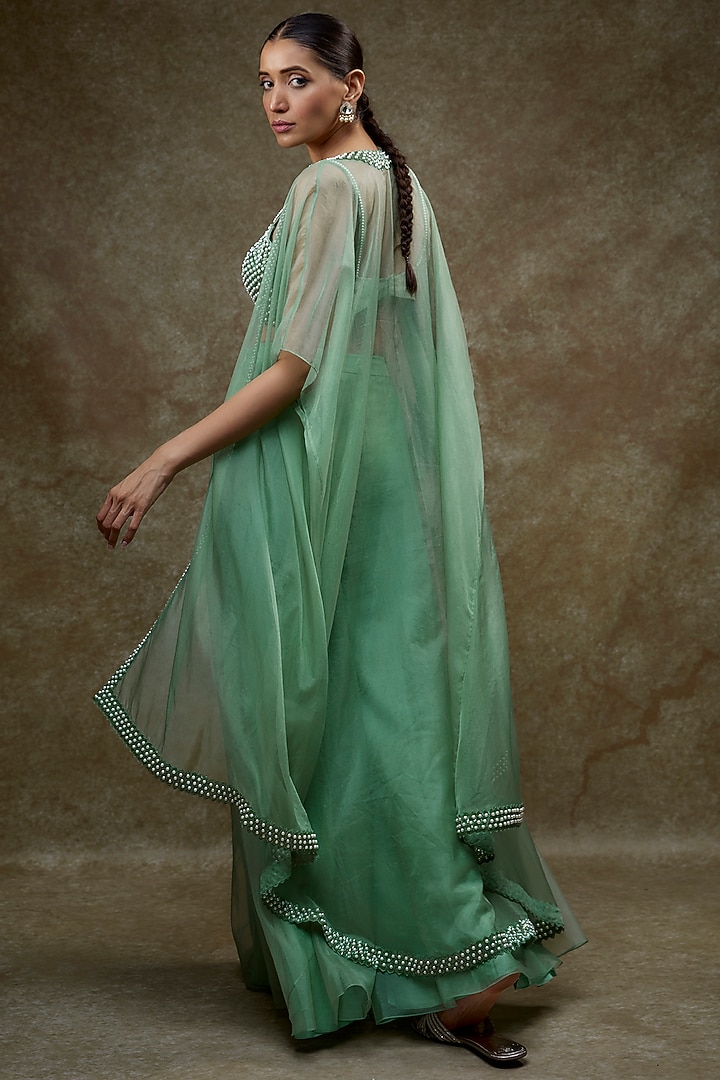 Sage Green Organza & Raw Silk Cape Set by Kresha Lulla at Pernia's Pop Up Shop