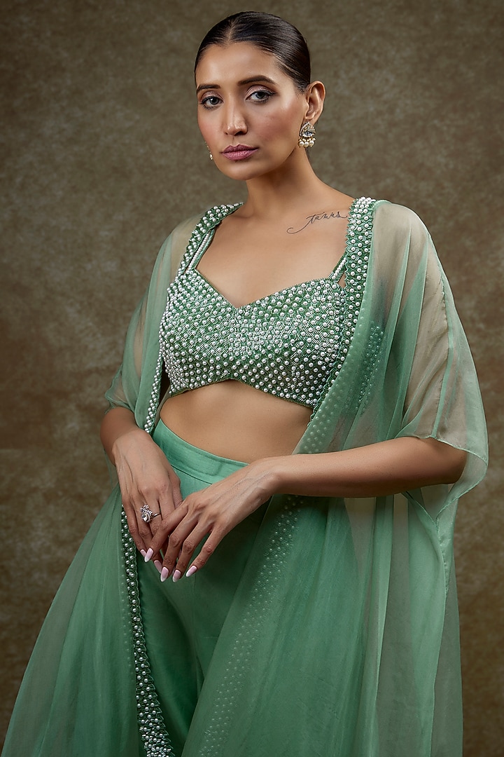 Sage Green Organza & Raw Silk Cape Set by Kresha Lulla at Pernia's Pop Up Shop
