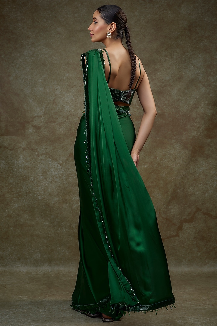 Emerald Green Satin & Raw Silk Reception Saree Set by Kresha Lulla at Pernia's Pop Up Shop