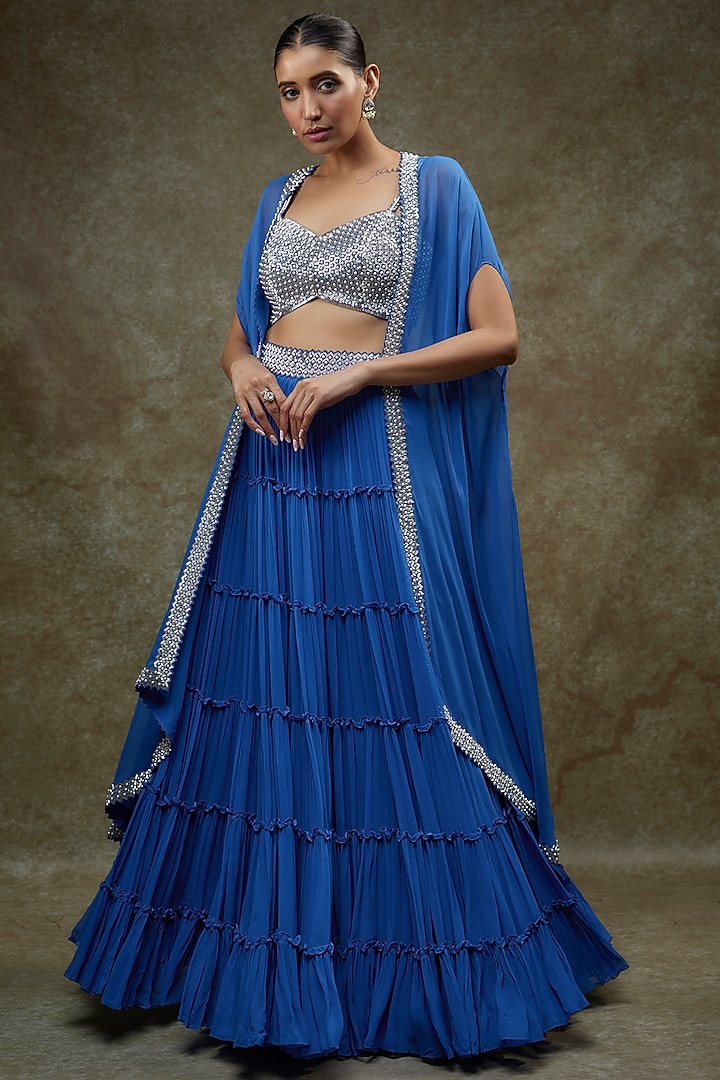 Royal Blue Georgette & Raw Silk Cape Set by Kresha Lulla at Pernia's Pop Up Shop