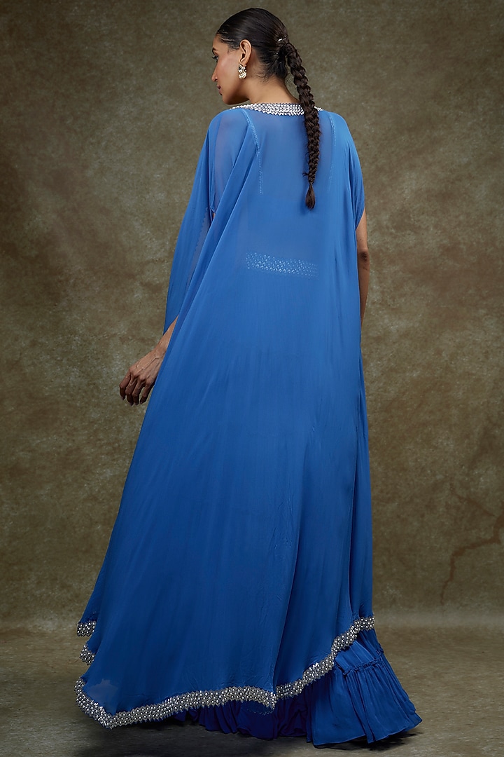 Royal Blue Georgette & Raw Silk Cape Set by Kresha Lulla at Pernia's Pop Up Shop