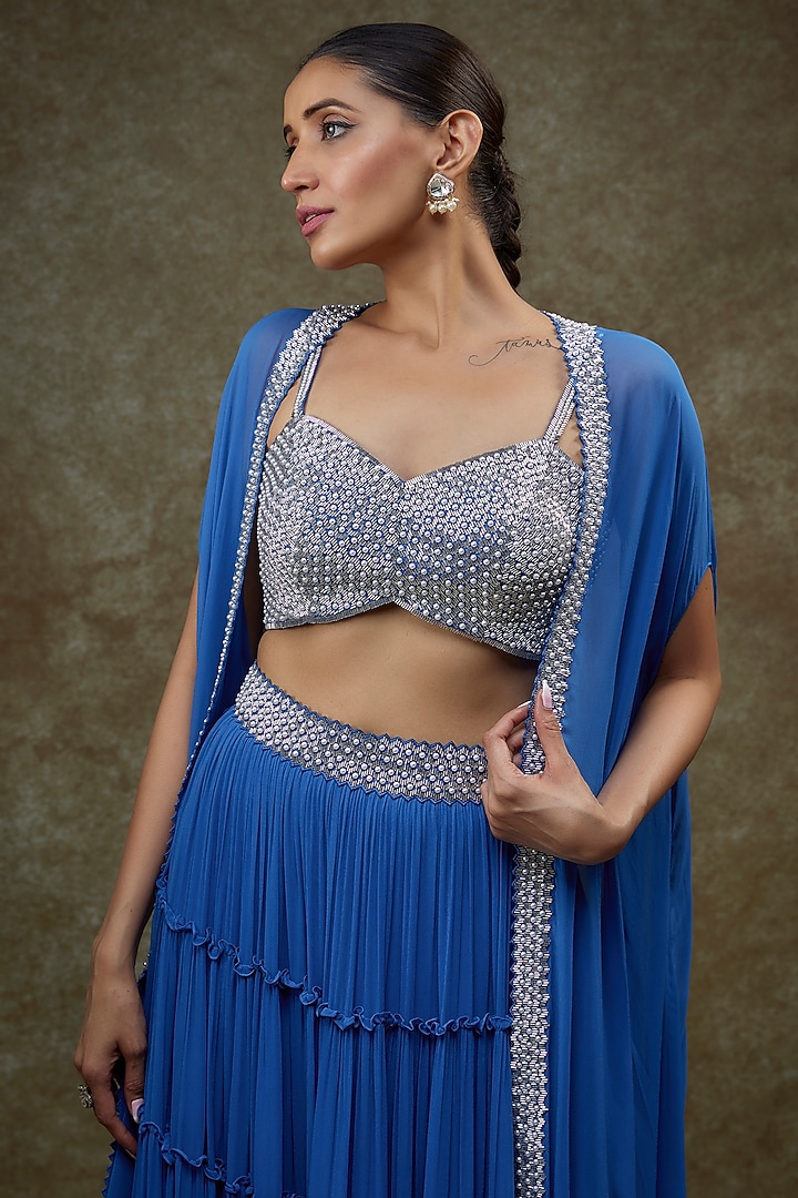 Royal Blue Georgette & Raw Silk Cape Set by Kresha Lulla at Pernia's Pop Up Shop