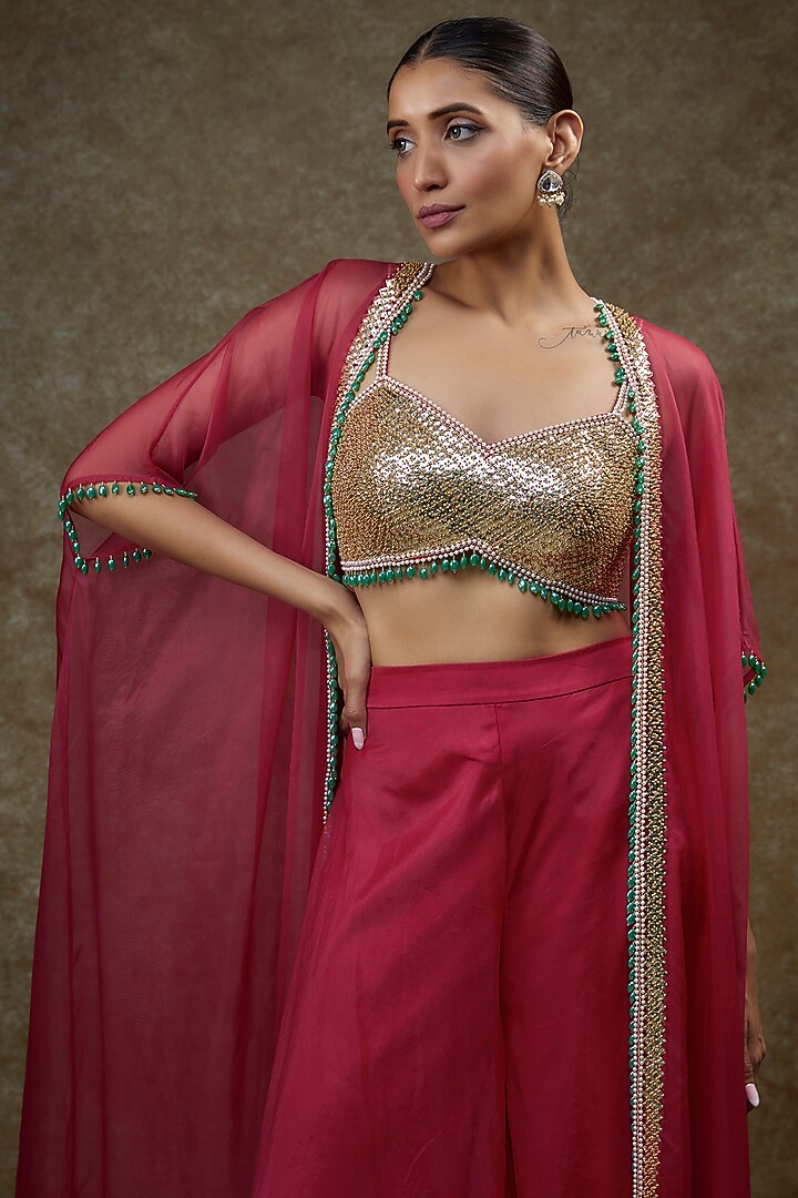 Pink Organza & Raw Silk Cape Set by Kresha Lulla at Pernia's Pop Up Shop